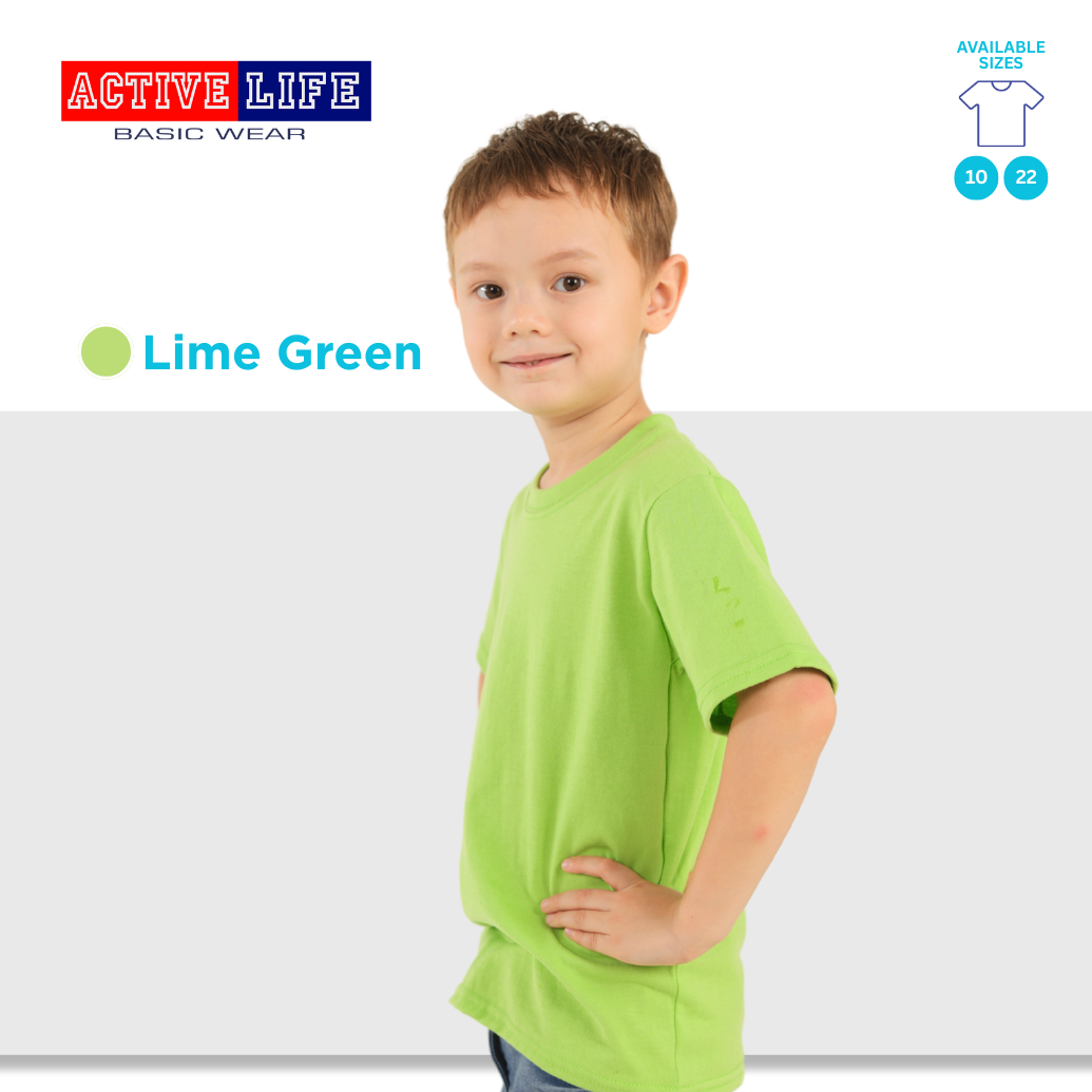 Active Life Kids Round Neck Shirt 14 Colors (Matcha, Mint Green, Lime Green, Apple, and more) Affordable Plain Kids T-Shirt | Soft and Comfortable Shirt for Boys and Girls