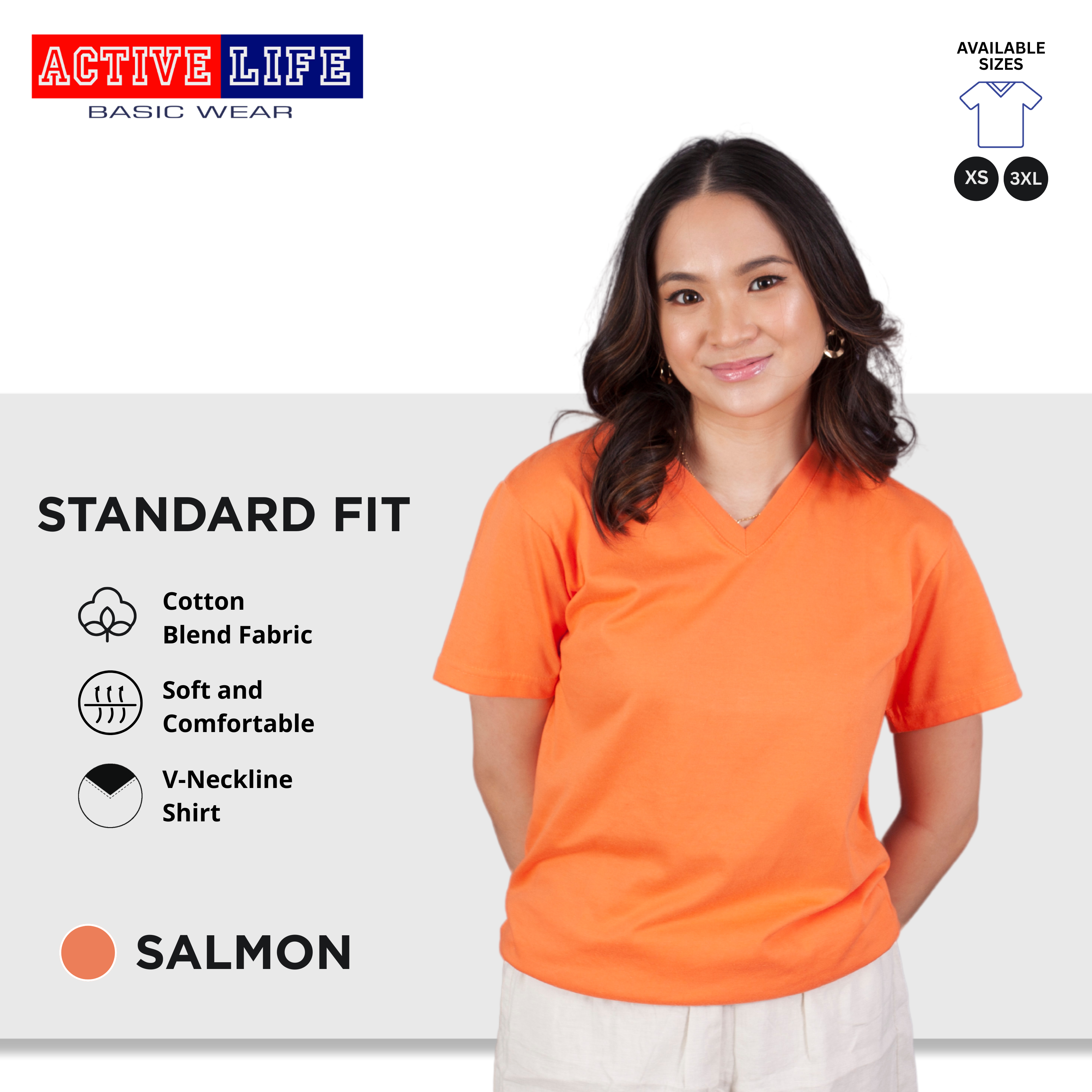 Active Life V-neck Basic Shirts Comfortable Minimalist Plain V-Neck Shirt Top for Men, Women and Plus Size (Red, Crimson Red, Light Pink, Hawaiian, Fuchsia, and more)