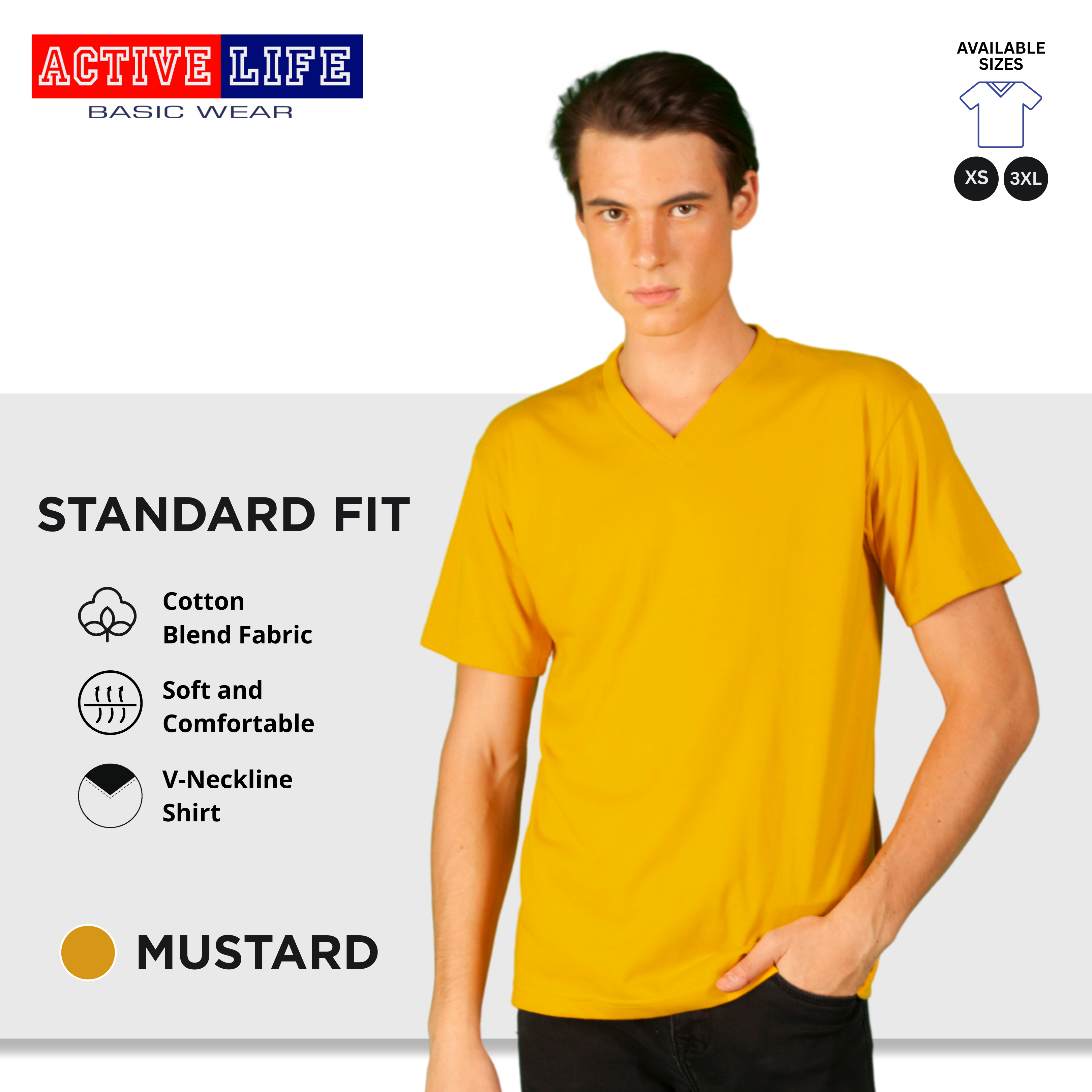 Active Life V-neck Basic Shirts Comfortable Minimalist Plain V-Neck Shirt Top for Men, Women and Plus Size (Mustard, Yellow Gold, Light Blue, Teal, and more)