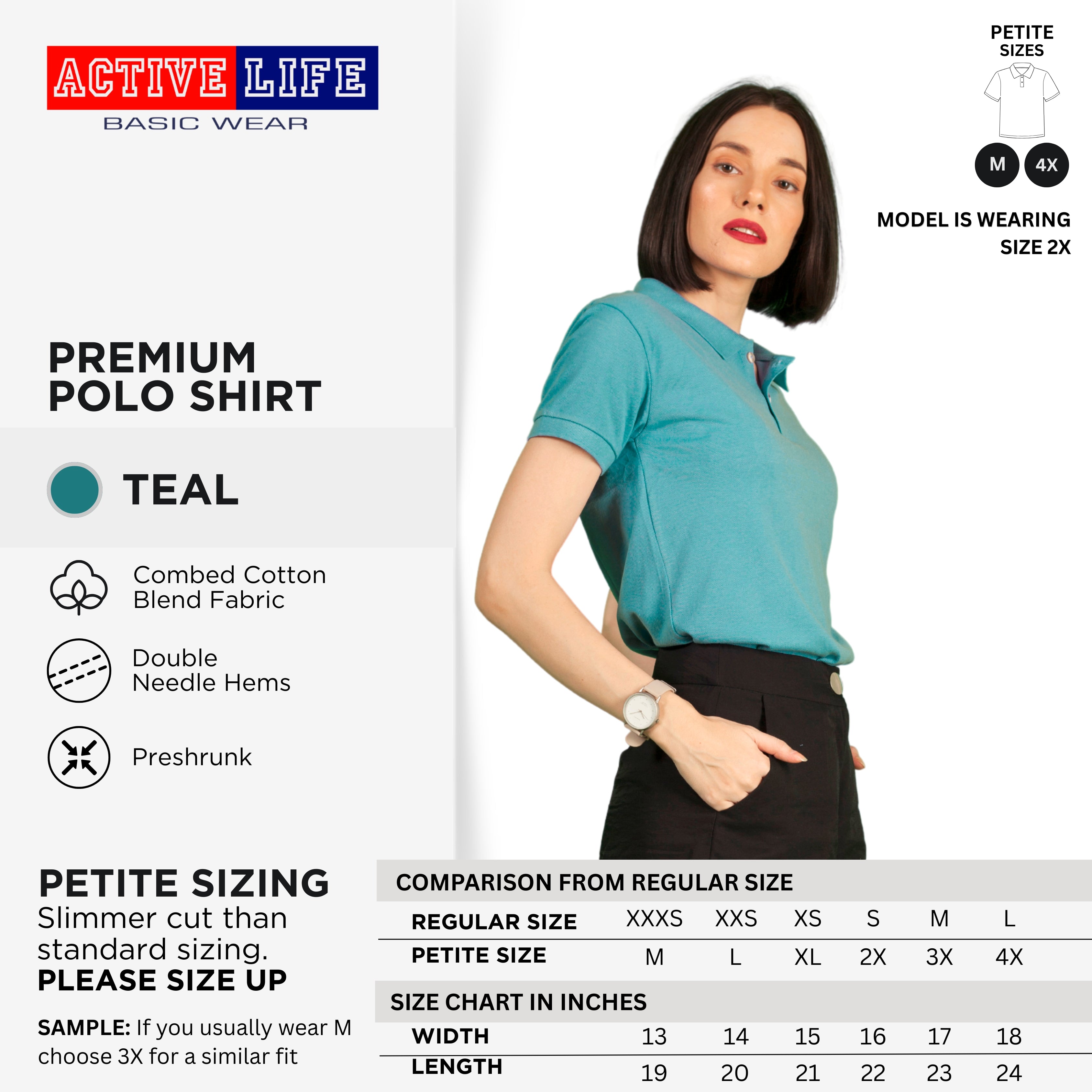 Active Life Ladies Petite Fit Honeycomb Polo Shirt Green & Blue Series