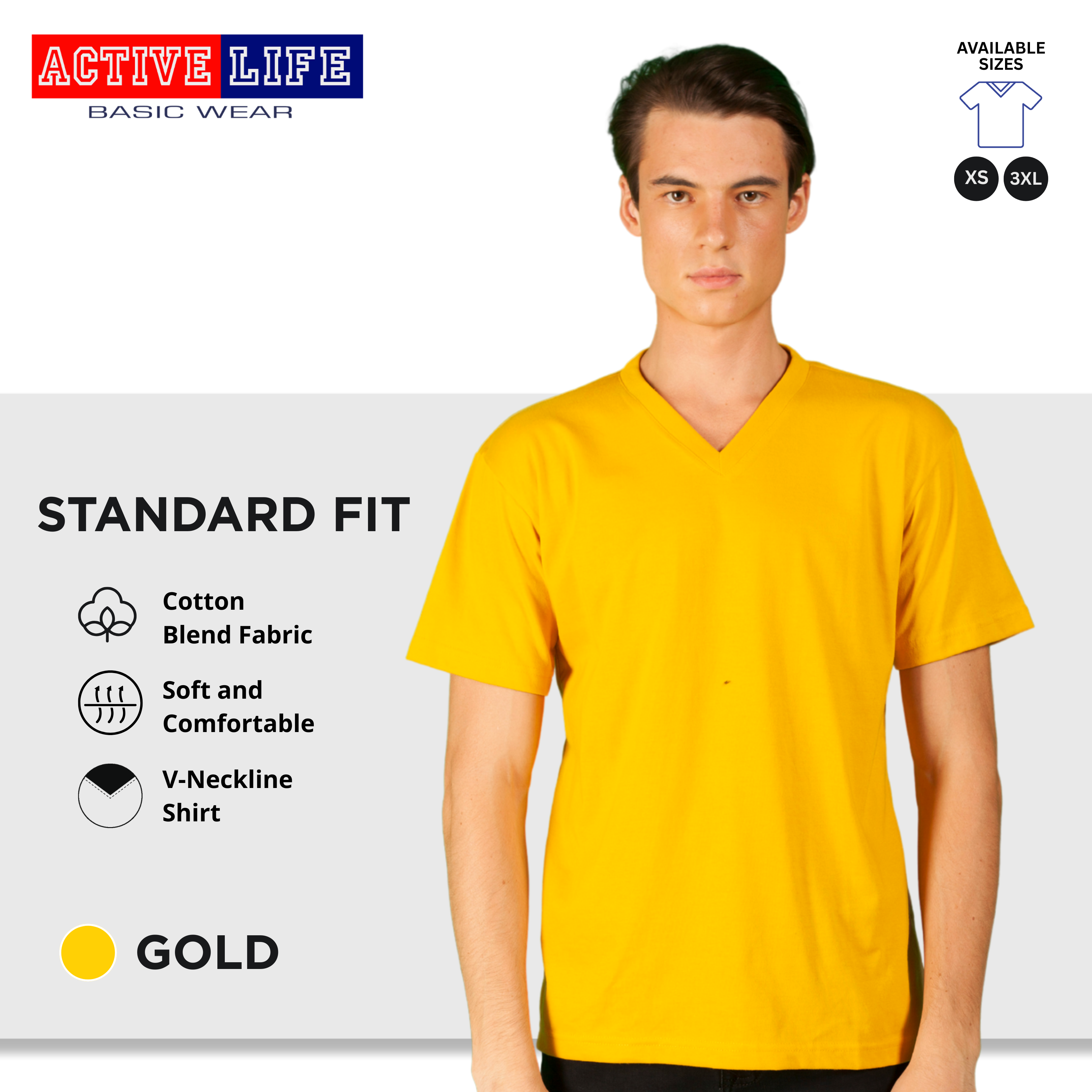 Active Life V-neck Basic Shirts Comfortable Minimalist Plain V-Neck Shirt Top for Men, Women and Plus Size (Mustard, Yellow Gold, Light Blue, Teal, and more)