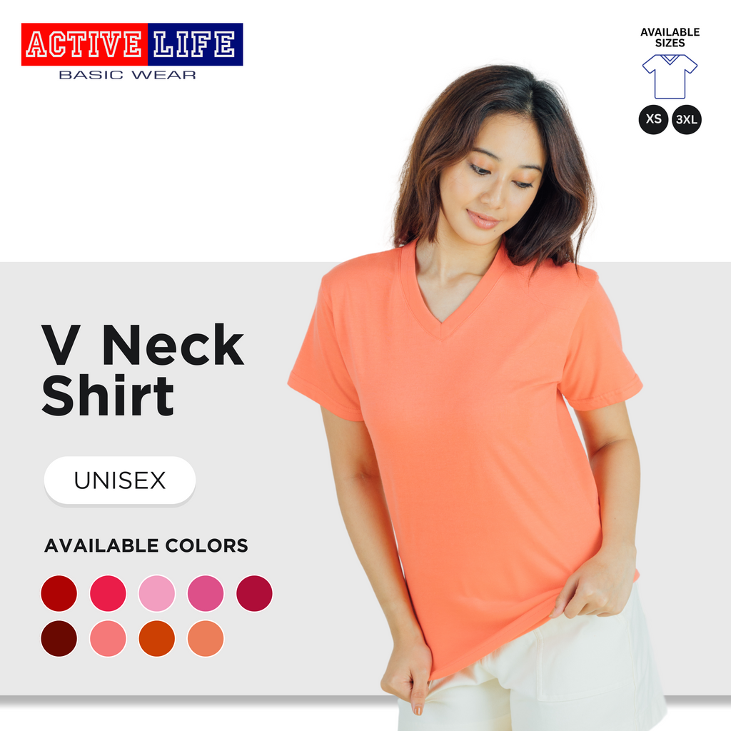 Active Life V-neck Basic Shirts Comfortable Minimalist Plain V-Neck Shirt Top for Men, Women and Plus Size (Red, Crimson Red, Light Pink, Hawaiian, Fuchsia, and more)