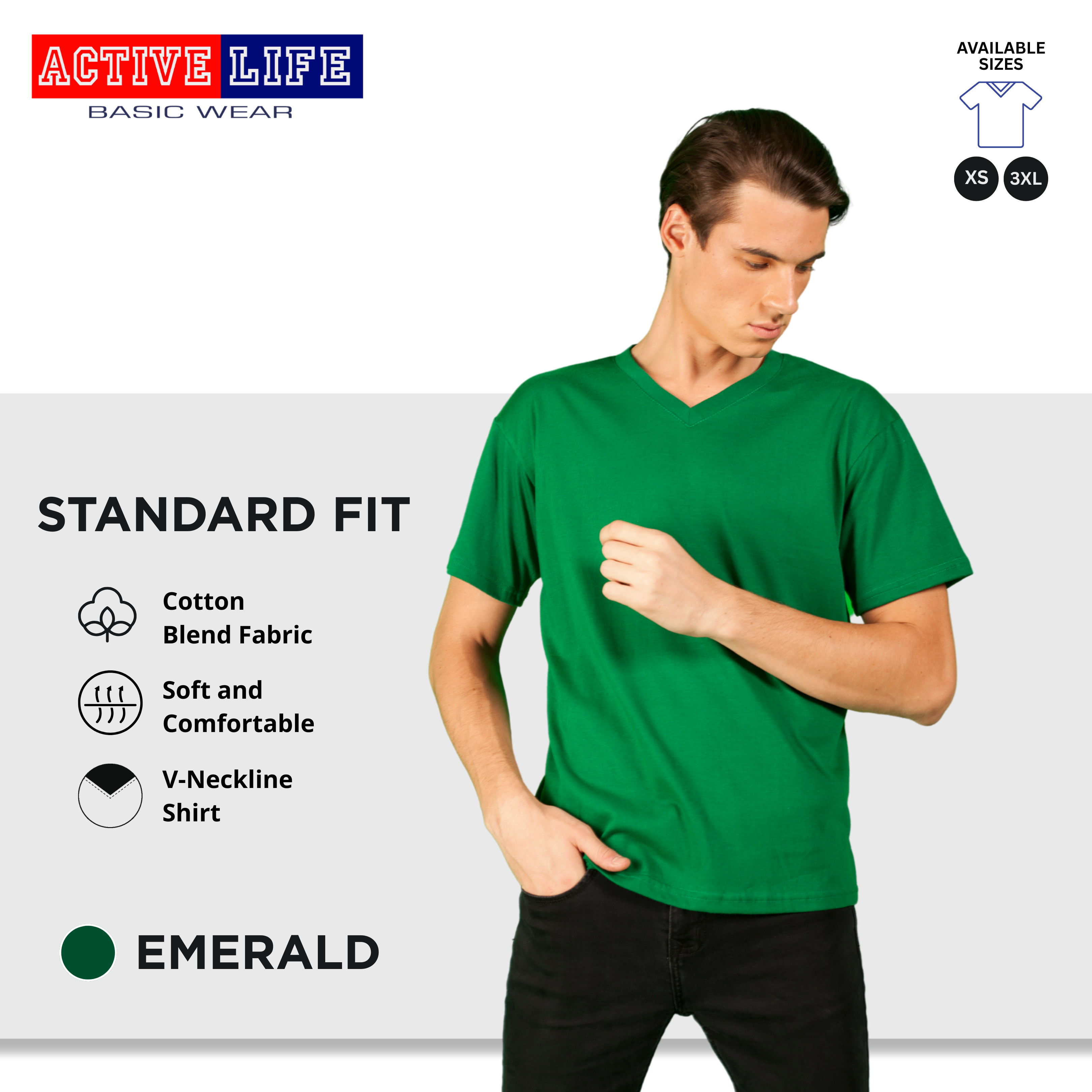Active Life V-neck Basic Shirts Comfortable Minimalist Plain V-Neck Shirt Top for Men, Women and Plus Size (Emerald Green, Royal Blue, Dark Violet, and more)