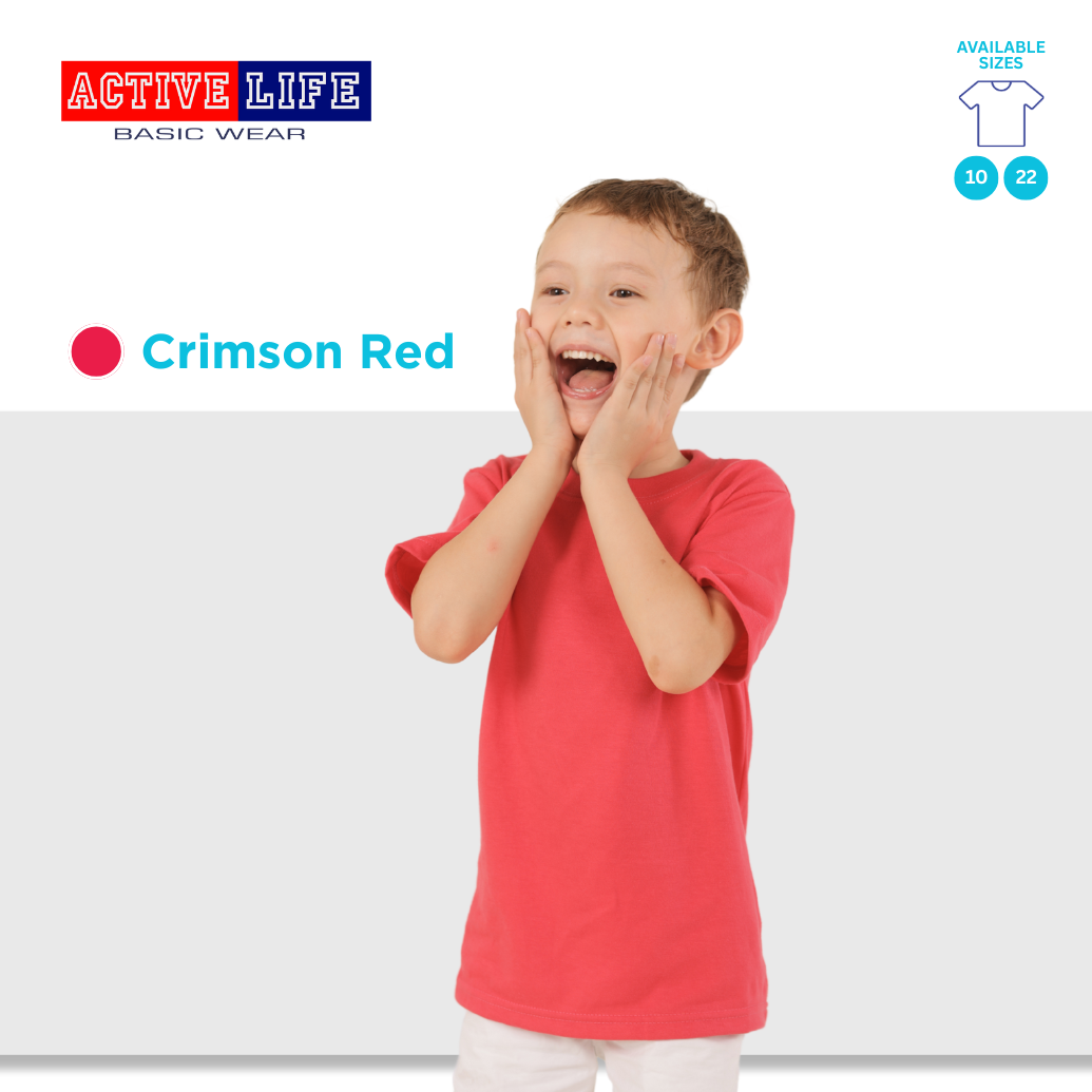 Active Life Kids Round Neck Shirt 11 Colors (Lt. Pink, Coral, Hawaiian, Crimson, Salmon, and more) Affordable Plain Kids T-Shirt | Soft and Comfortable Shirt for Boys and Girls