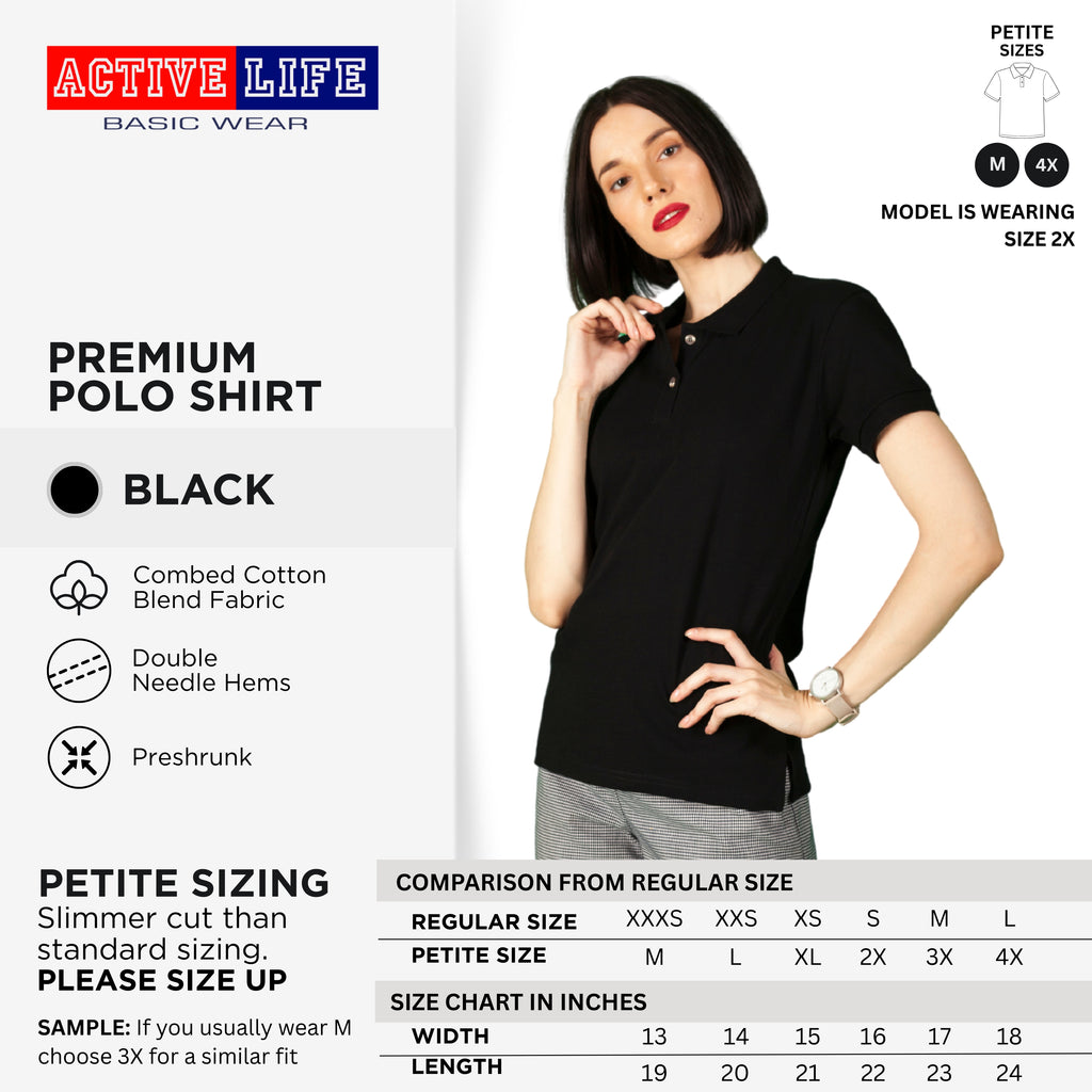 Active Life Ladies Petite Fit Honeycomb Polo Shirt Black & White Series