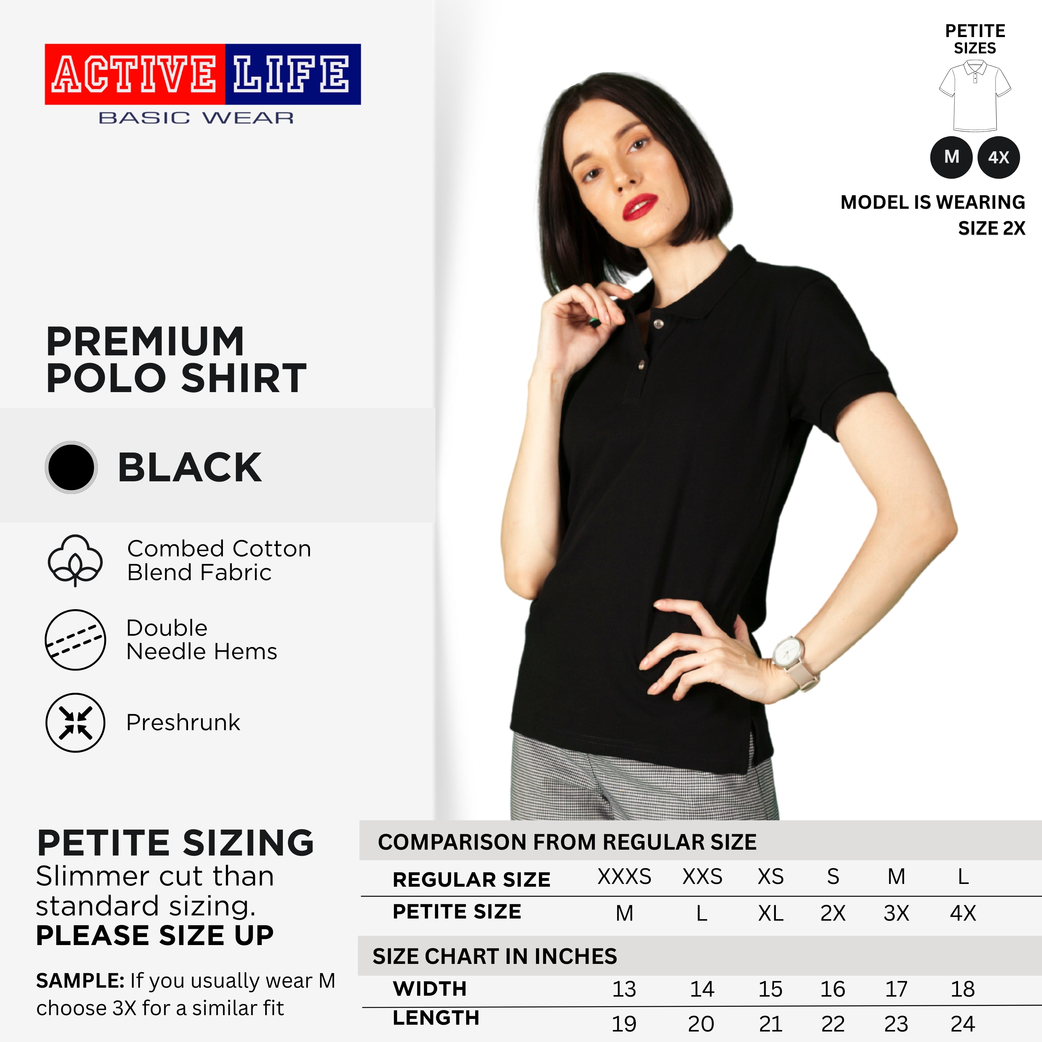 Active Life Ladies Petite Fit Honeycomb Polo Shirt Black & White Series