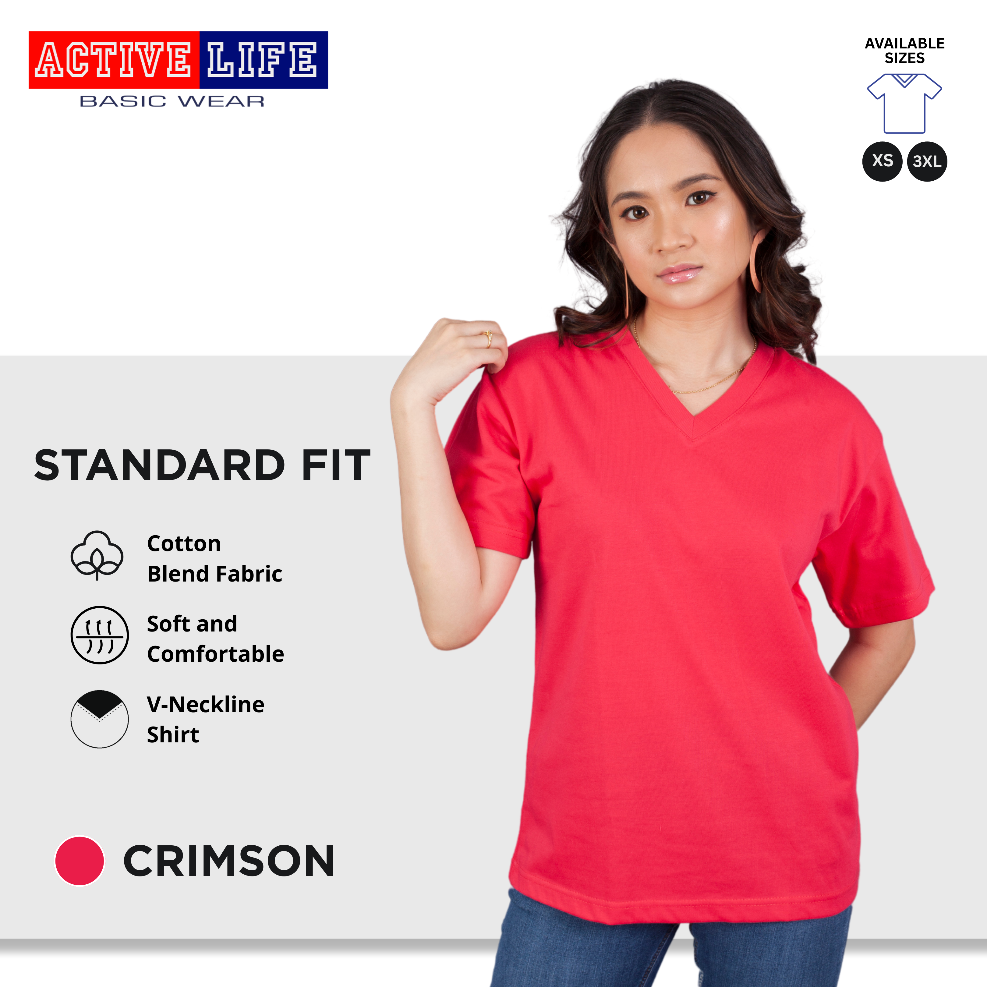 Active Life V-neck Basic Shirts Comfortable Minimalist Plain V-Neck Shirt Top for Men, Women and Plus Size (Red, Crimson Red, Light Pink, Hawaiian, Fuchsia, and more)
