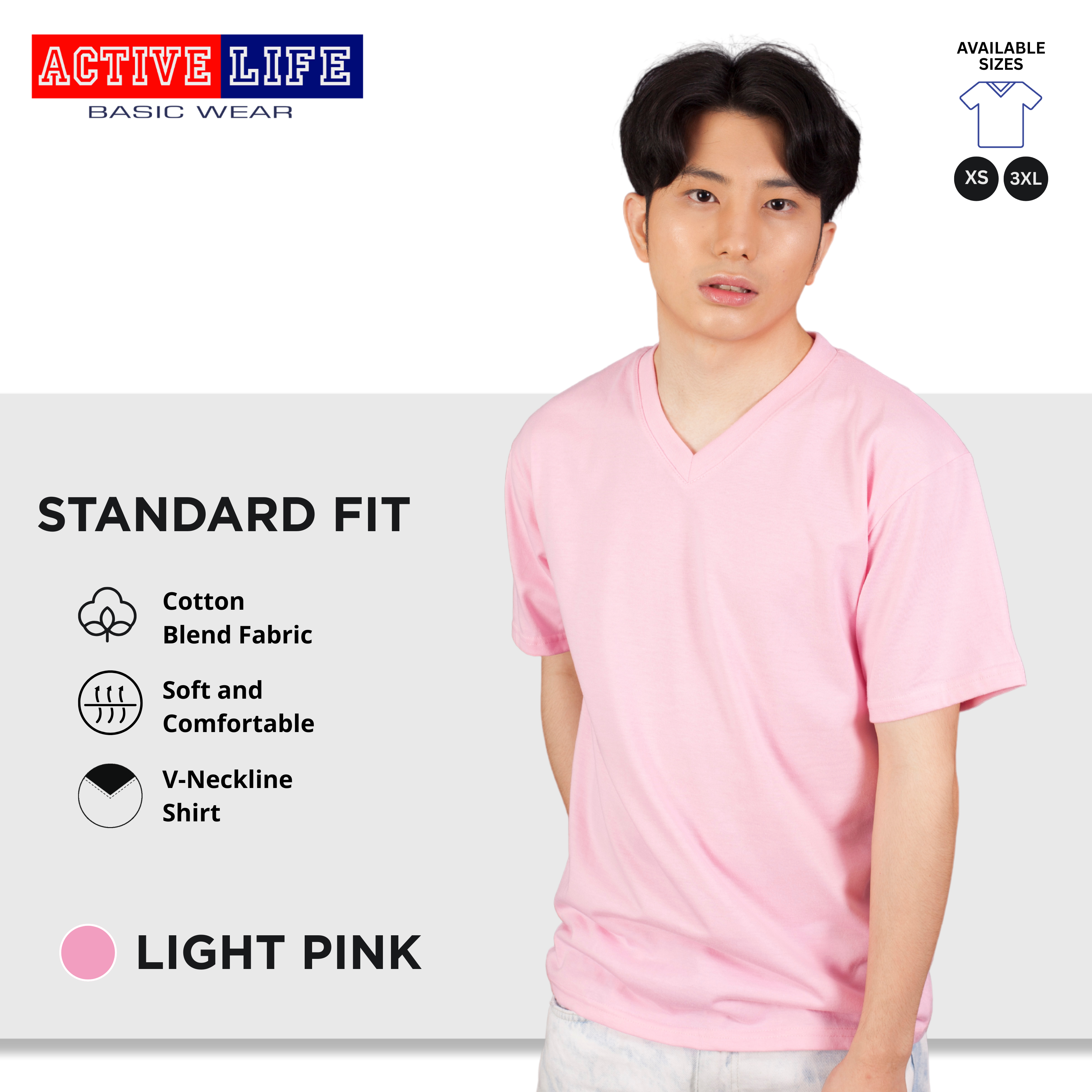 Active Life V-neck Basic Shirts Comfortable Minimalist Plain V-Neck Shirt Top for Men, Women and Plus Size (Red, Crimson Red, Light Pink, Hawaiian, Fuchsia, and more)