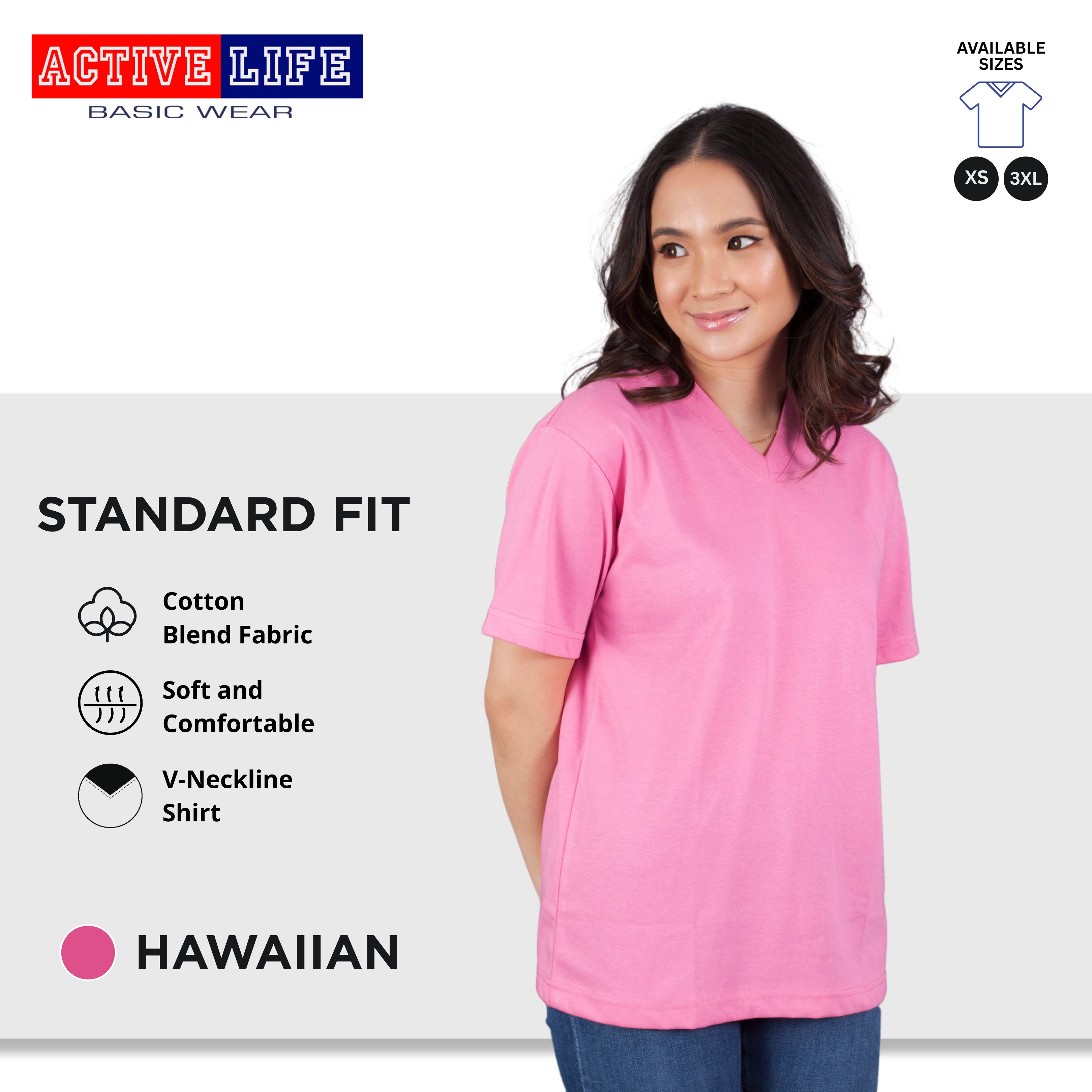 Active Life V-neck Basic Shirts Comfortable Minimalist Plain V-Neck Shirt Top for Men, Women and Plus Size (Red, Crimson Red, Light Pink, Hawaiian, Fuchsia, and more)