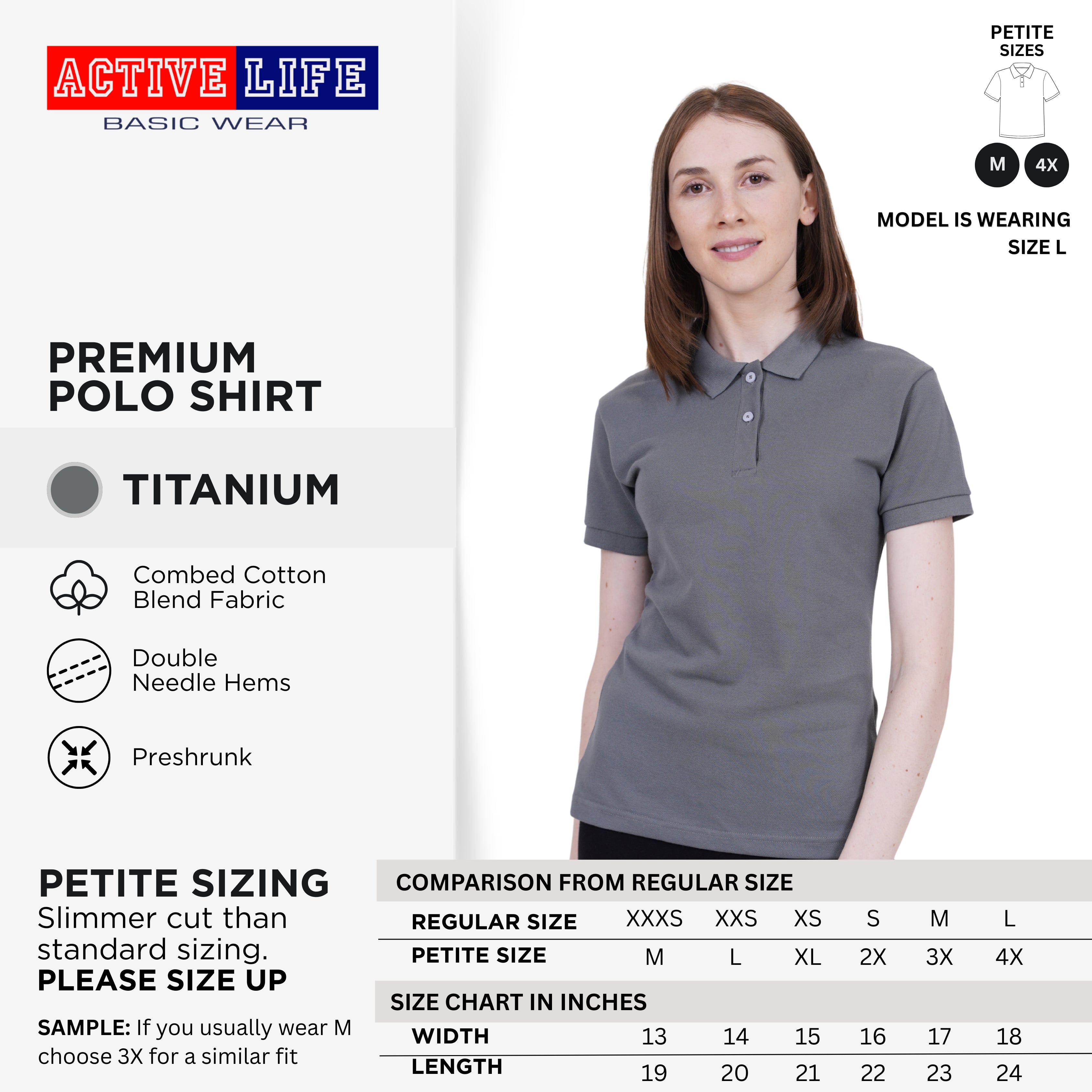 Active Life Ladies Petite Fit Honeycomb Polo Shirt Black & White Series