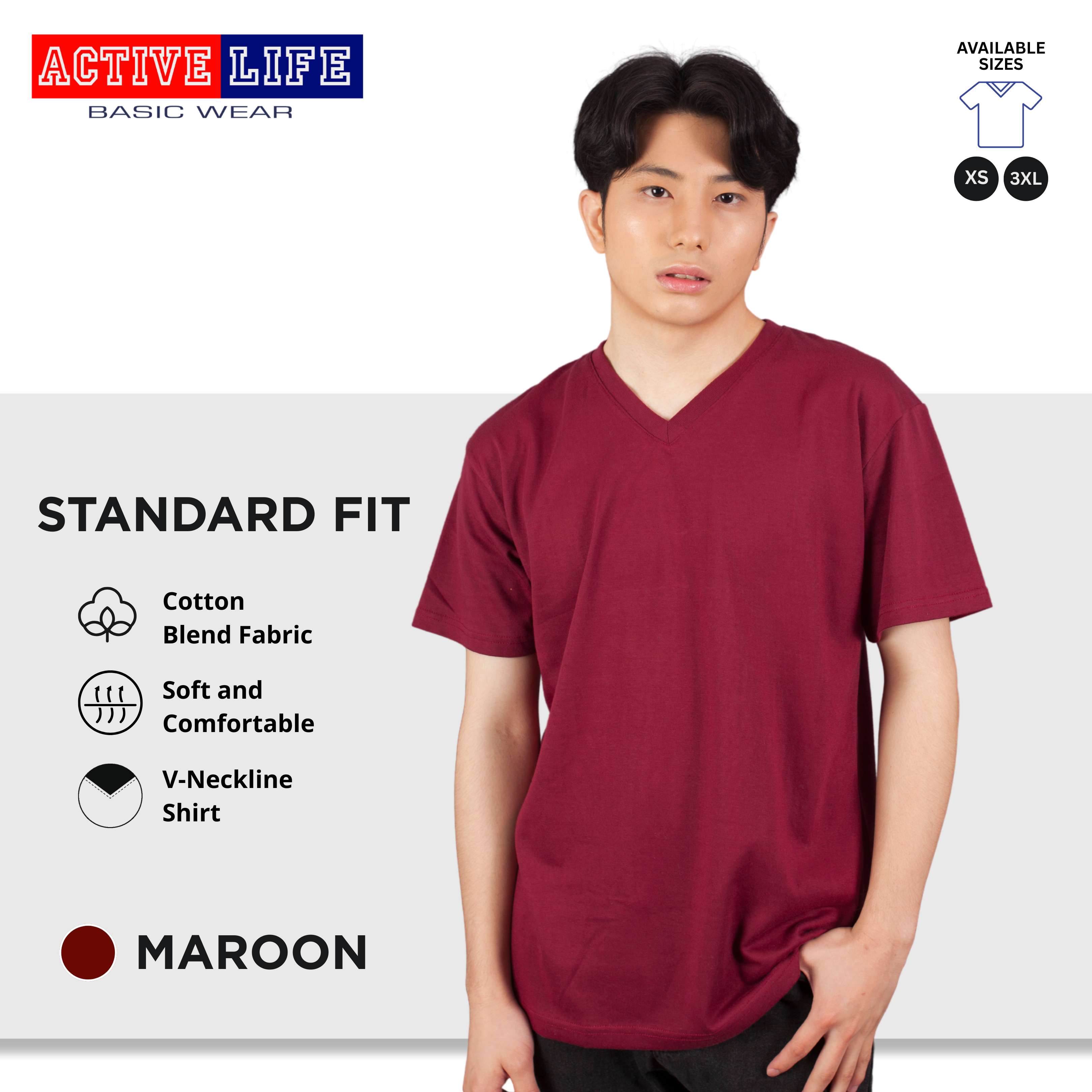 Active Life V-neck Basic Shirts Comfortable Minimalist Plain V-Neck Shirt Top for Men, Women and Plus Size (Red, Crimson Red, Light Pink, Hawaiian, Fuchsia, and more)