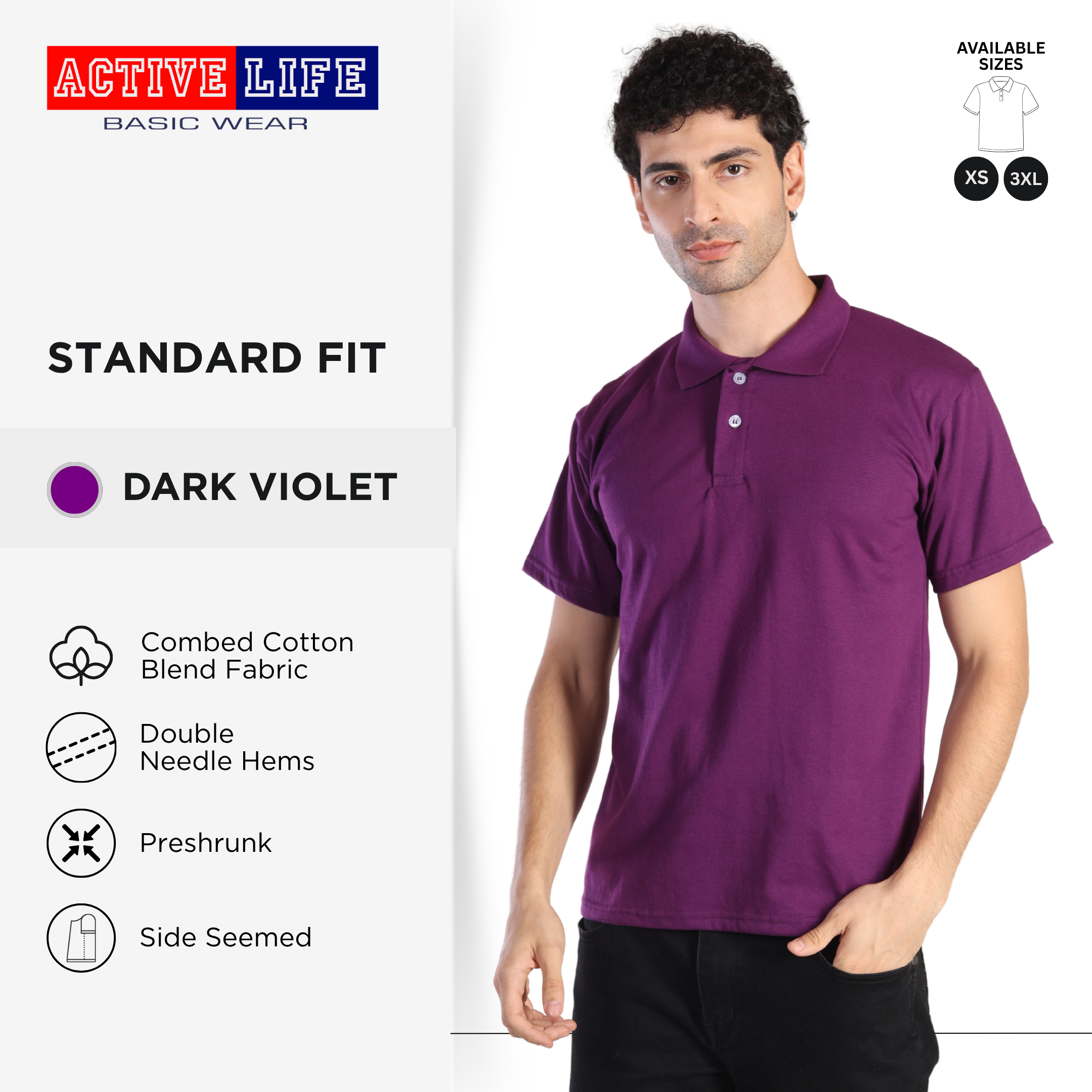 Active Life Unisex Combed Cotton Polo Shirt Classic Fit Violet Neutral Series