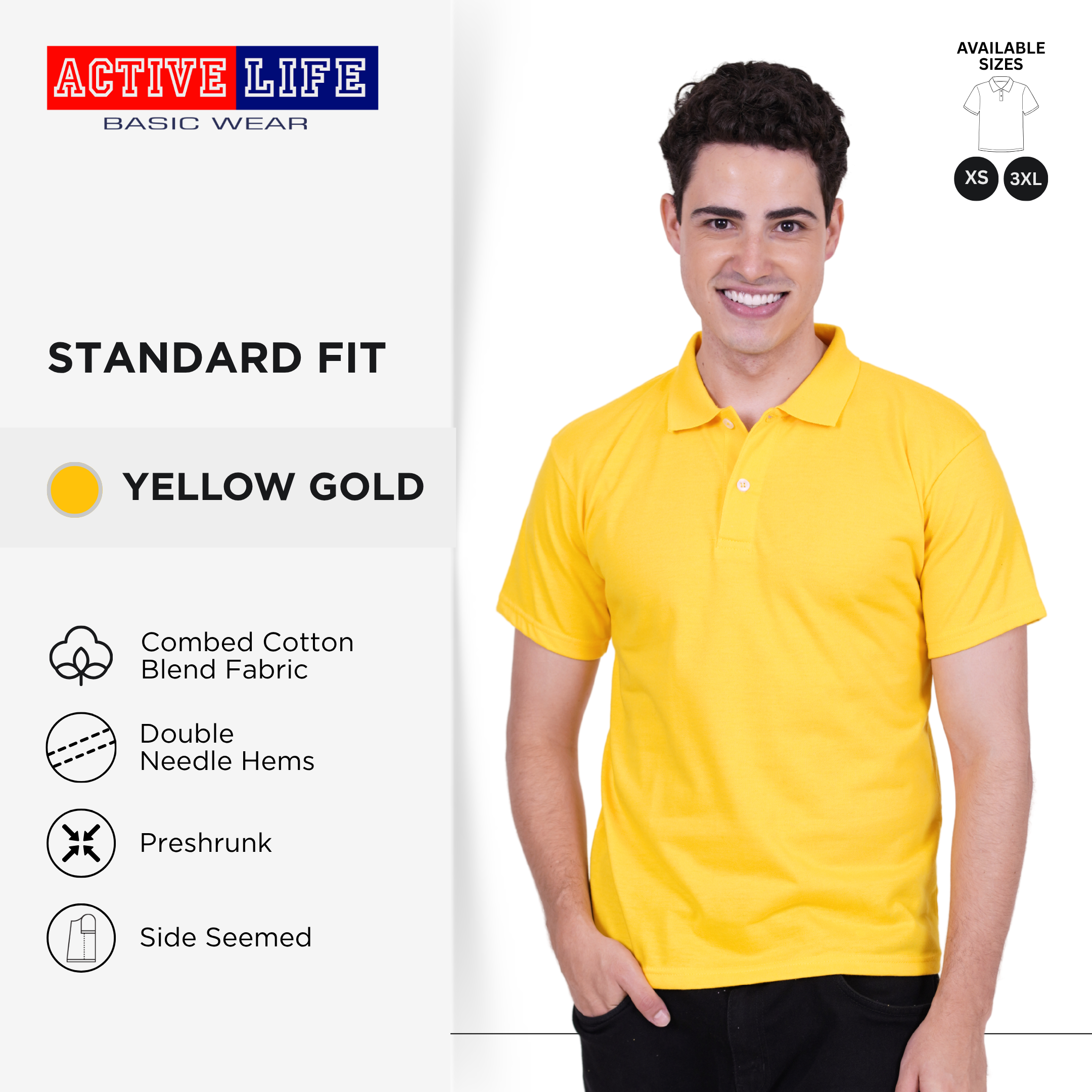 Active Life Unisex Combed Cotton Polo Shirt Classic Fit Yellow Red Series