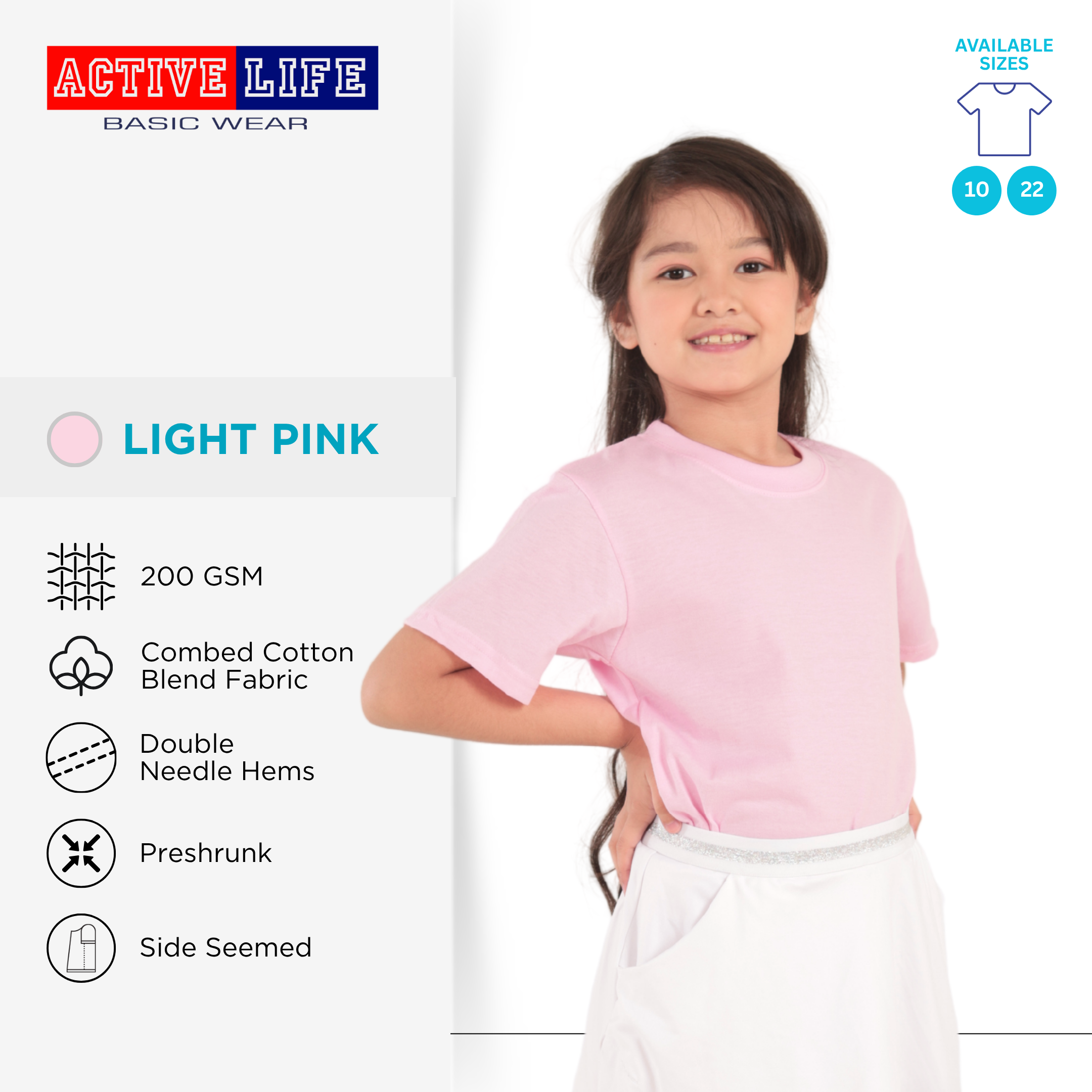 Active Life Kids Round Neck Shirt 11 Colors (Lt. Pink, Coral, Hawaiian, Crimson, Salmon, and more) Affordable Plain Kids T-Shirt | Soft and Comfortable Shirt for Boys and Girls