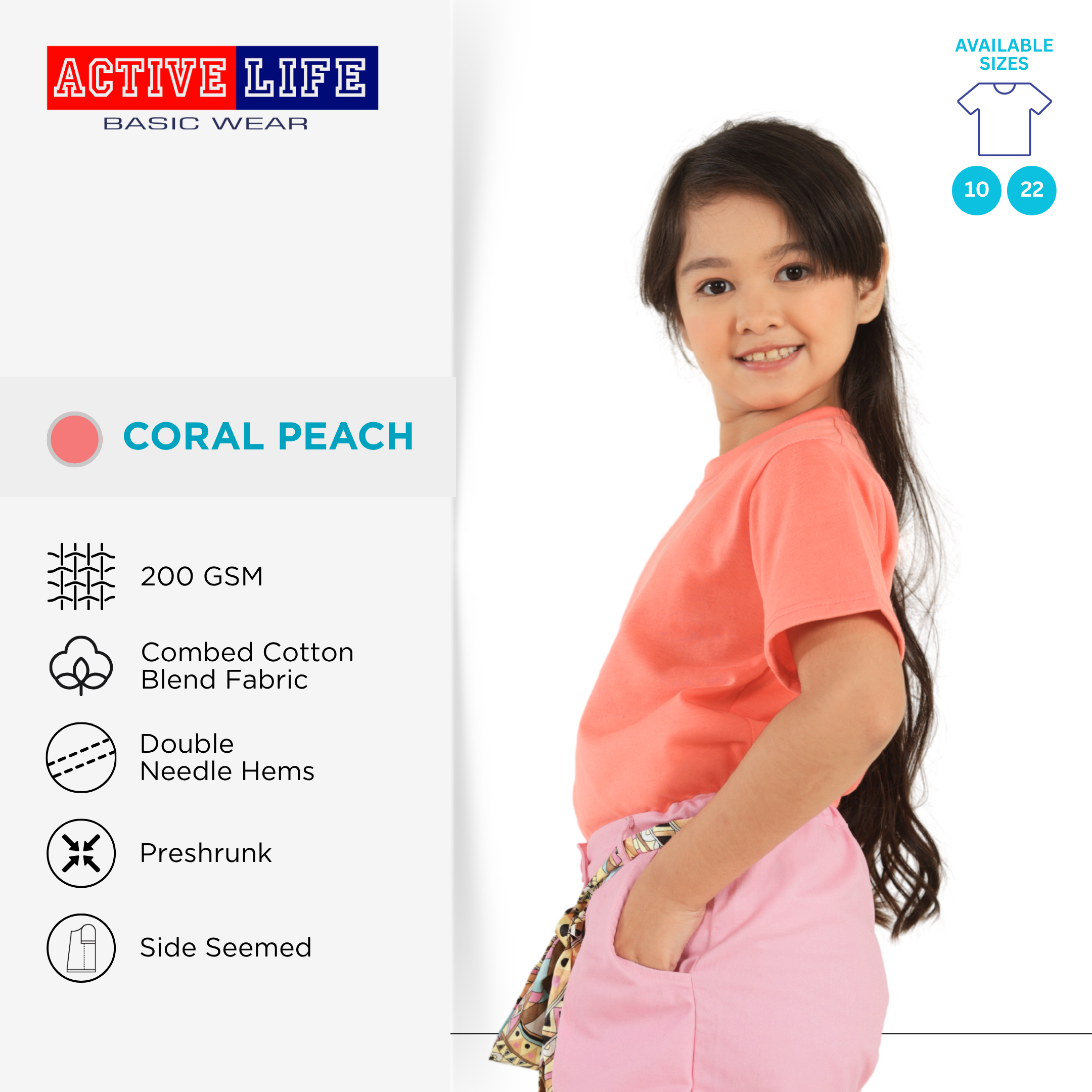 Active Life Kids Round Neck Shirt 11 Colors (Lt. Pink, Coral, Hawaiian, Crimson, Salmon, and more) Affordable Plain Kids T-Shirt | Soft and Comfortable Shirt for Boys and Girls
