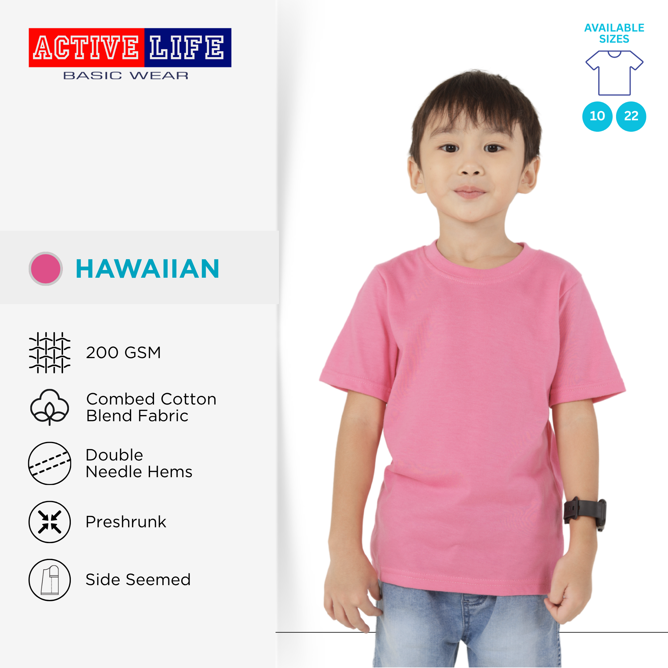 Active Life Kids Round Neck Shirt 11 Colors (Lt. Pink, Coral, Hawaiian, Crimson, Salmon, and more) Affordable Plain Kids T-Shirt | Soft and Comfortable Shirt for Boys and Girls