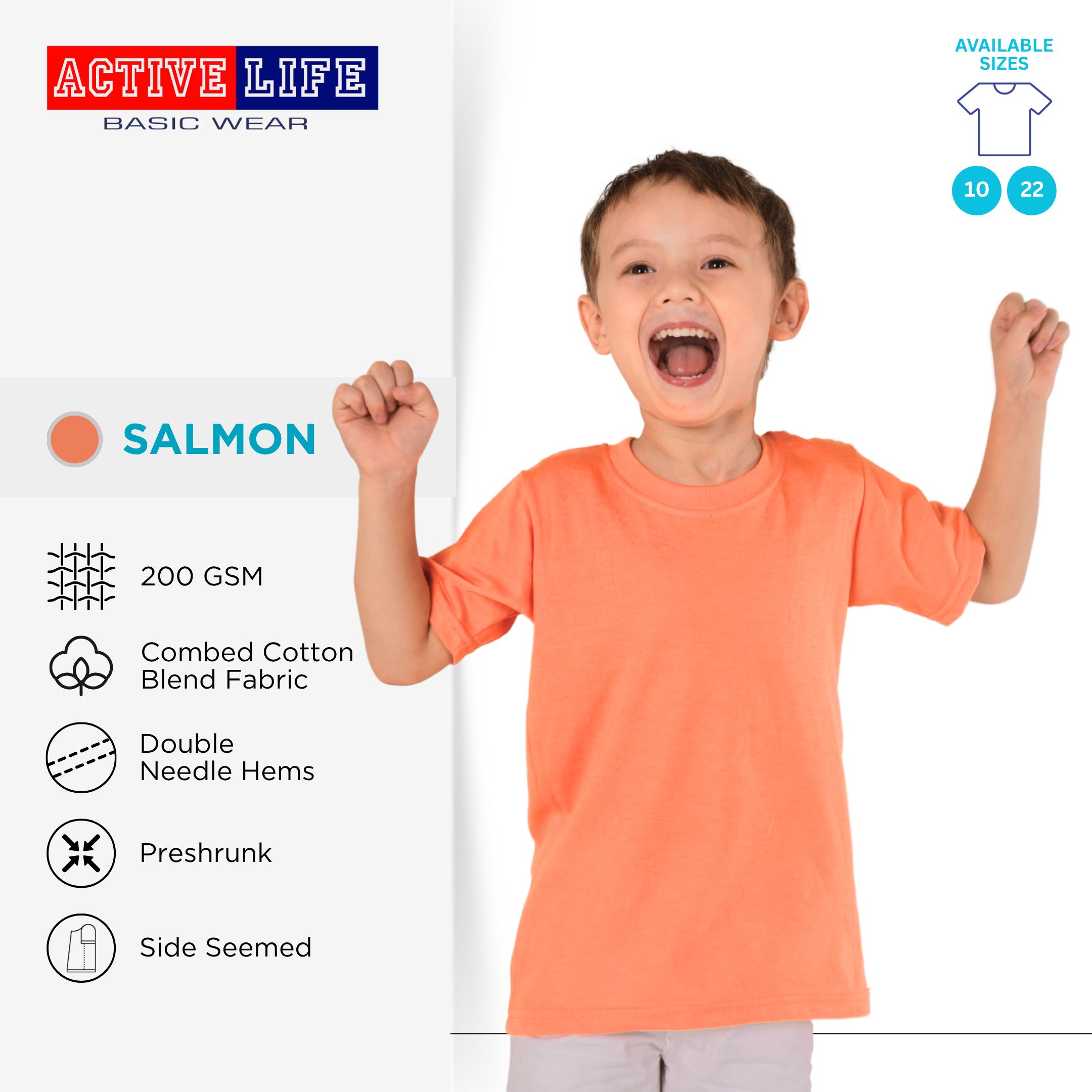 Active Life Kids Round Neck Shirt 11 Colors (Lt. Pink, Coral, Hawaiian, Crimson, Salmon, and more) Affordable Plain Kids T-Shirt | Soft and Comfortable Shirt for Boys and Girls