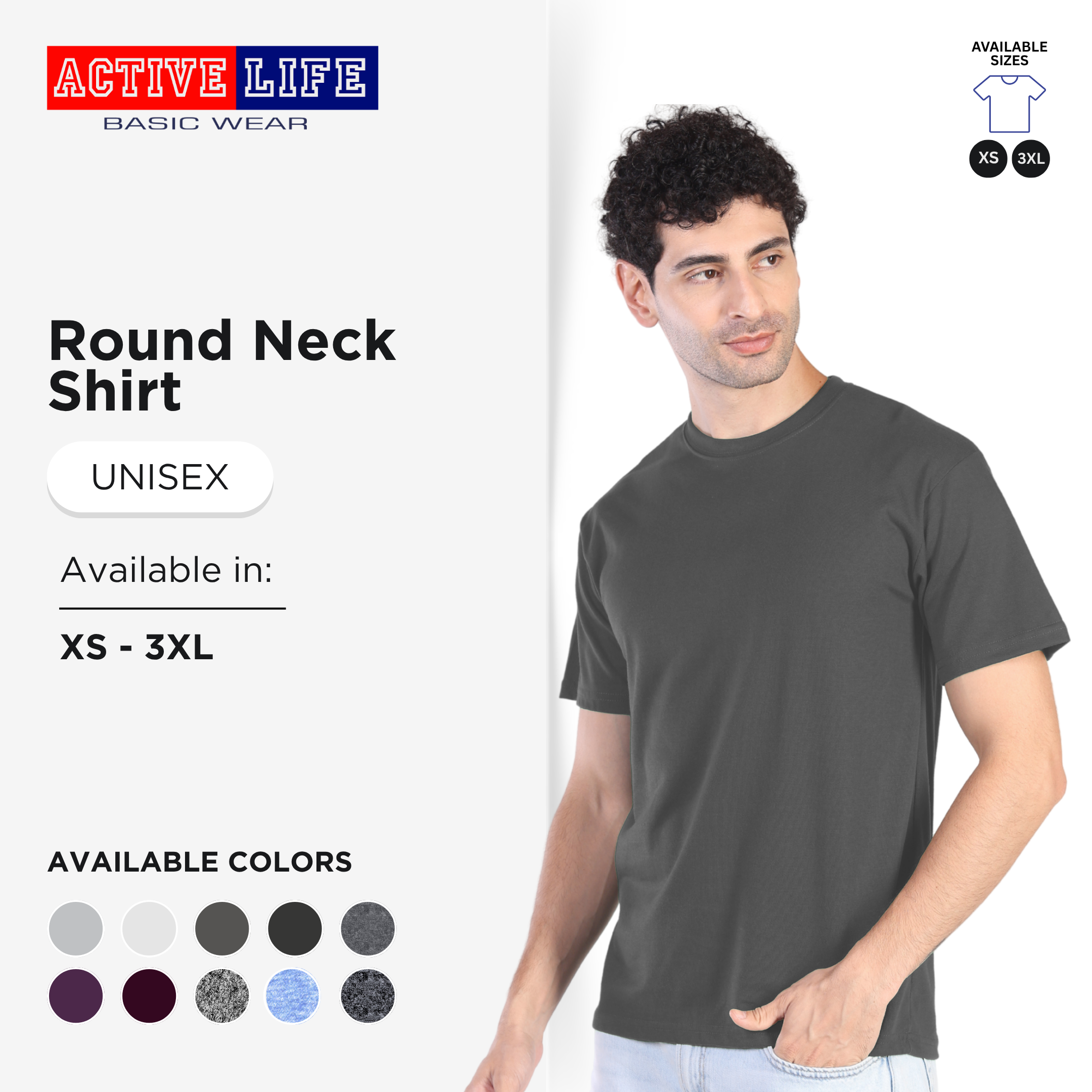 Active Life Unisex Round Neck T-Shirt Premium Combed Cotton Shirt XS–3XL | Shades of Gray | Comfortable Minimalist Plain Shirt Top for Men, Women and Plus Size